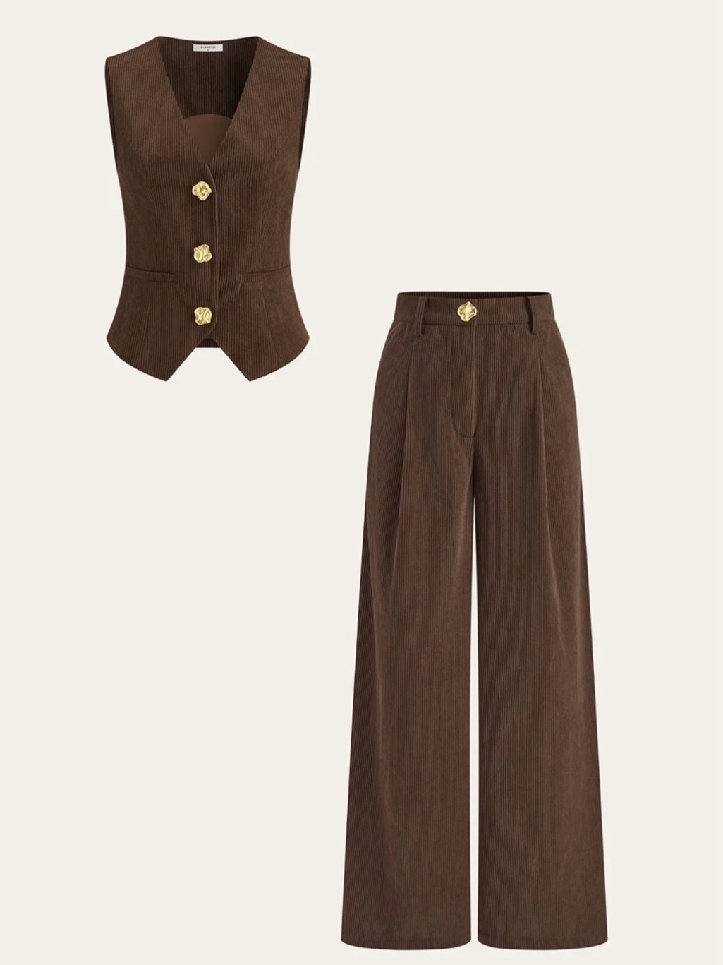 Commense Brown Corduroy Wide-Leg Pants With Matching Vest